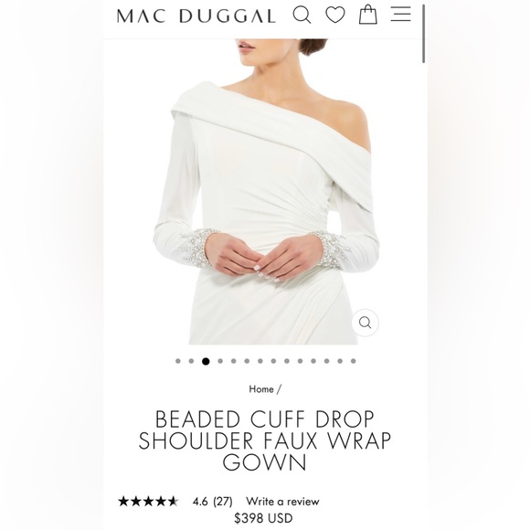 NWT Mac Duggal Beaded Cuff Drop Shoulder Faux Wrap Gown Dress White Size 14 - Picture 3 of 16